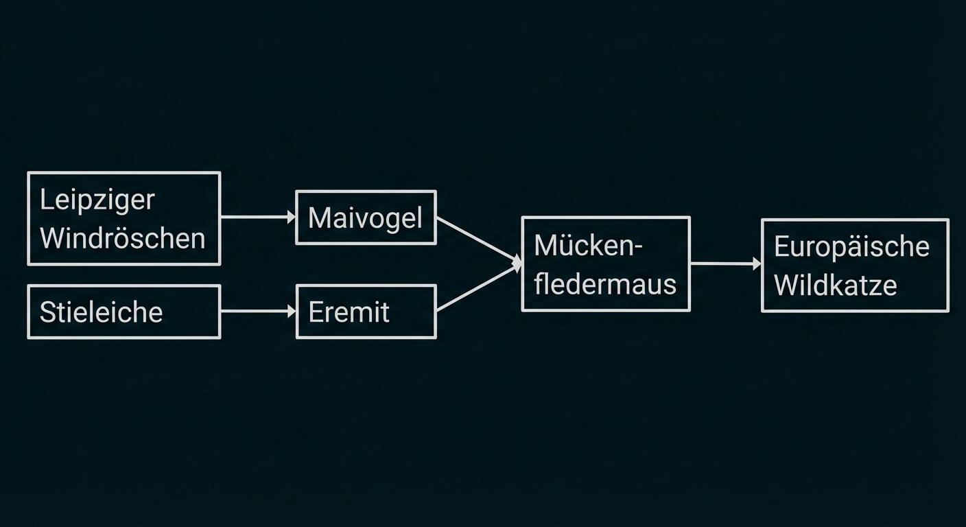 Flussdiagramm mit Arten: Leipziger Windröschen → Maivogel; Stieleiche → Eremit; beide → Mückenfledermaus → Europäische Wildkatze
